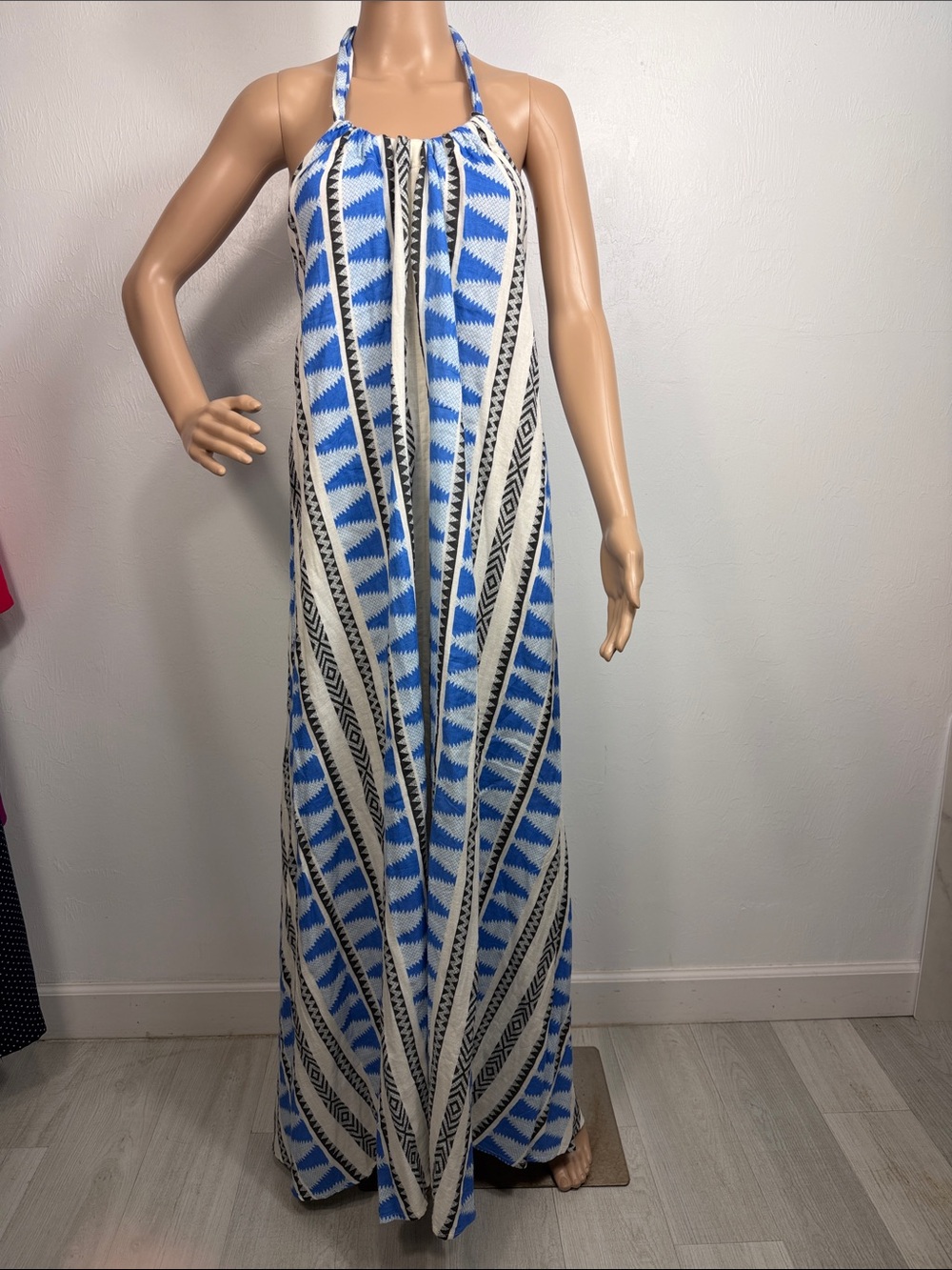 Elan Blue Aztec Print Cotton Halter Backless Maxi Dress NWT Size Medium Boho - Picture 2 of 7